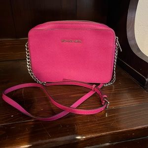 Pink Michael Kors Jet Set LARGE Leather Crossbody, silver chain.